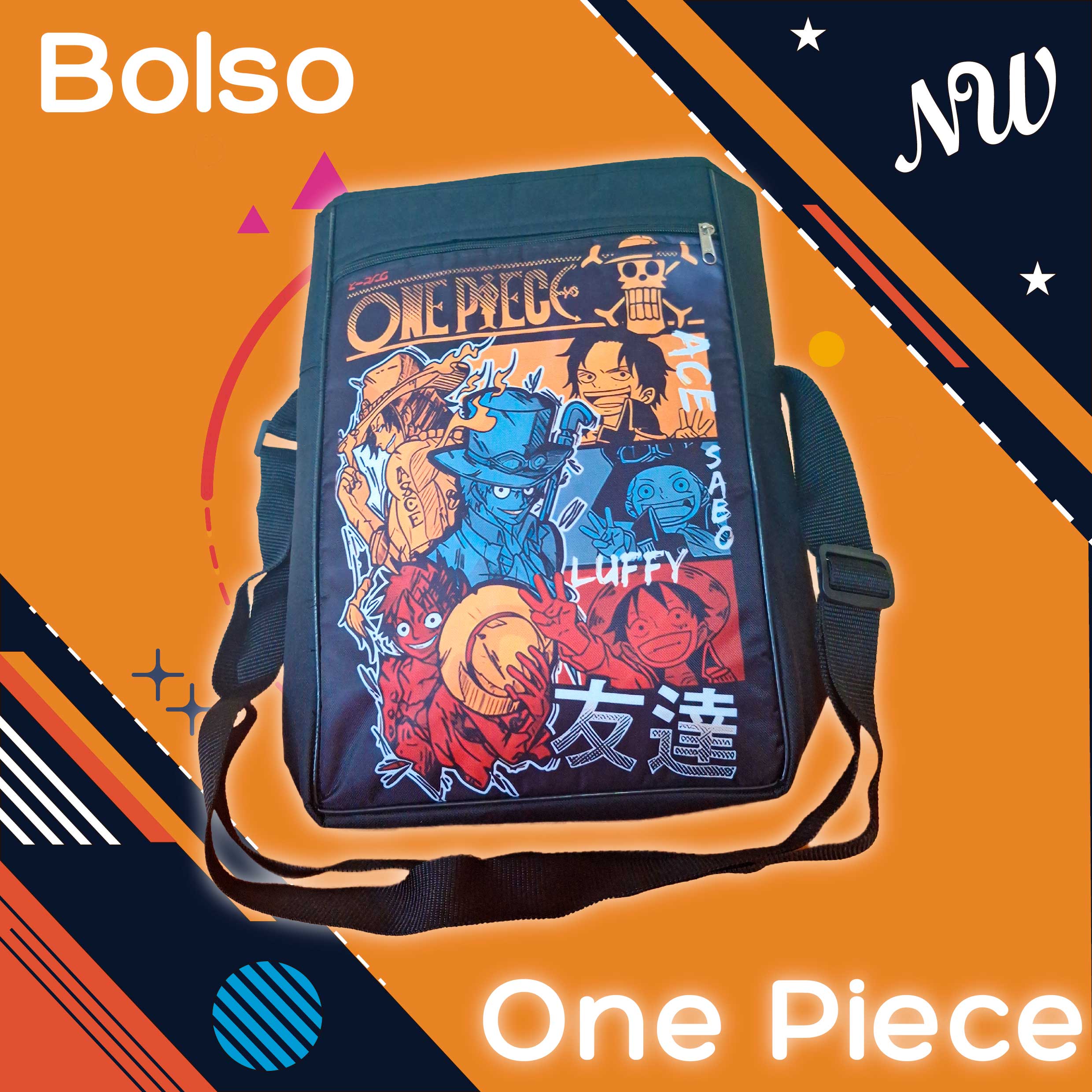 Bolso cruzado de One Piece con diseño de Luffy, Ace y Sabo
