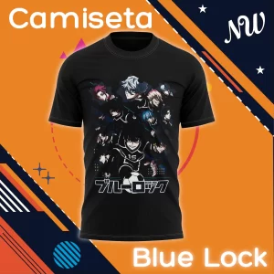Camiseta anime Blue Lock con personajes principales impresa en tela negra